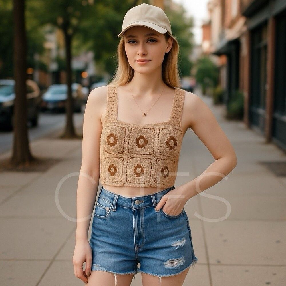 Julia crochet mocha crop top Tan floral size medium Boho Y2K Festival Hippie